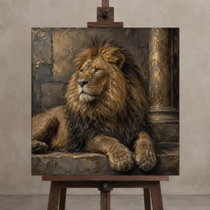 Stone Throne Lion Wall Art Canvas Print displayed on a studio easel