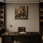 Stone Throne Lion Wall Art Canvas Print displayed in a contemporary gallery-inspired room