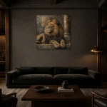 Stone Throne Lion Wall Art Canvas Print shown in a warm modern interior