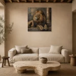 Stone Throne Lion Wall Art Canvas Print presented in a sophisticated home setting