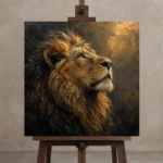 Ascendant Gaze Lion Wall Art Canvas Print displayed on a studio easel