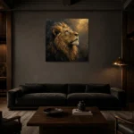 Ascendant Gaze Lion Wall Art Canvas Print shown in a warm modern interior