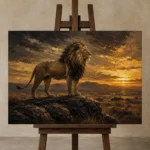 Sunset Monarch Lion Wall Art Canvas Print displayed on a studio easel