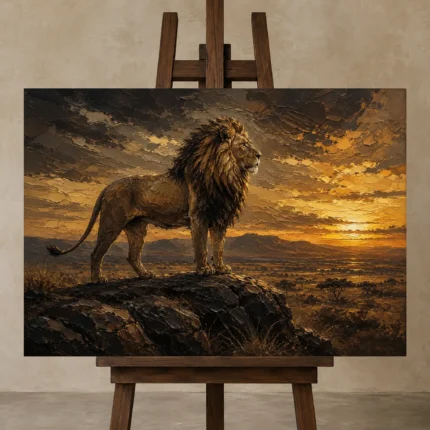 Sunset Monarch Lion Wall Art Canvas Print displayed on a studio easel