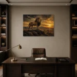 Sunset Monarch Lion Wall Art Canvas Print displayed in a contemporary gallery-inspired room