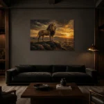 Sunset Monarch Lion Wall Art Canvas Print shown in a warm modern interior