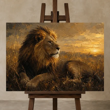 Golden Horizon Lion Wall Art Canvas Print shown in Studio Easel