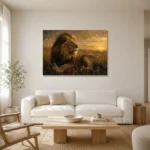 Golden Horizon Lion Wall Art Canvas Print styled in a refined neutral interior