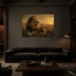 Golden Horizon Lion Wall Art Canvas Print shown in a warm modern interior