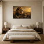 Golden Horizon Lion Wall Art Canvas Print showcased in an elegant minimalist interior