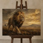 Roaming Sovereign Lion Wall Art Canvas Print displayed on a studio easel