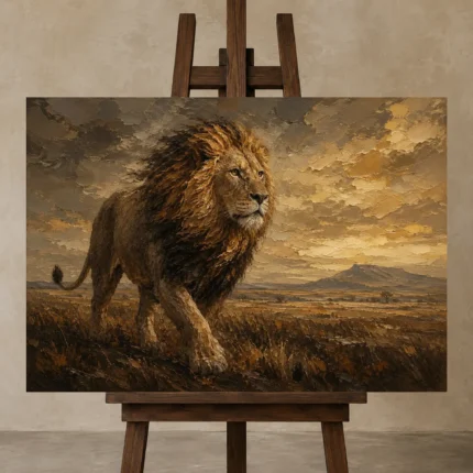 Roaming Sovereign Lion Wall Art Canvas Print displayed on a studio easel