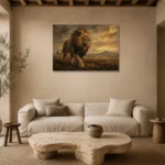 Roaming Sovereign Lion Wall Art Canvas Print presented in a sophisticated home setting