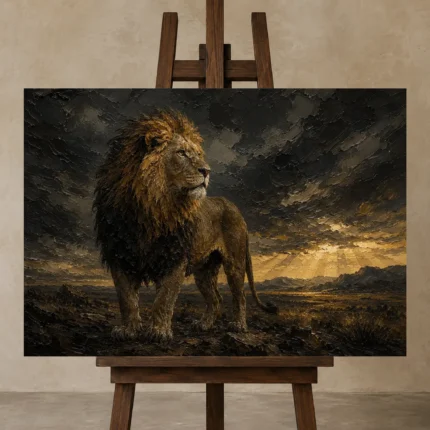 Stormlit Sovereign Lion Wall Art Canvas Print displayed on a studio easel