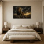 Stormlit Sovereign Lion Wall Art Canvas Print showcased in an elegant minimalist interior