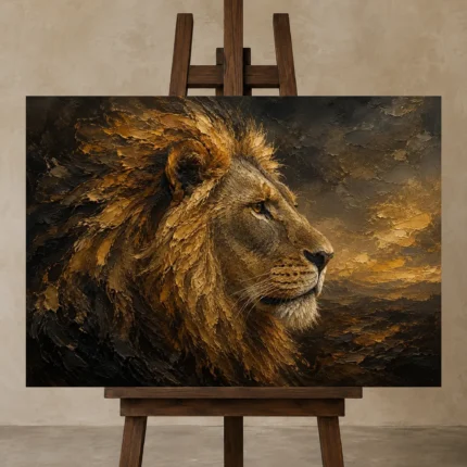 Ember Horizon Lion Wall Art Canvas Print shown in Studio Easel