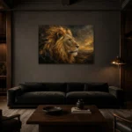 Ember Horizon Lion Wall Art Canvas Print shown in a warm modern interior