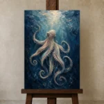 Deep Ocean Octopus Sea Life Wall Art Canvas Print displayed on a studio easel