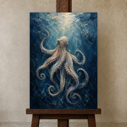 Deep Ocean Octopus Sea Life Wall Art Canvas Print shown in Studio Easel