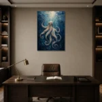 Deep Ocean Octopus Sea Life Wall Art Canvas Print displayed in a contemporary gallery-inspired room