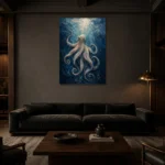 Deep Ocean Octopus Sea Life Wall Art Canvas Print shown in a warm modern interior
