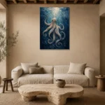 Deep Ocean Octopus Sea Life Wall Art Canvas Print presented in a sophisticated home setting