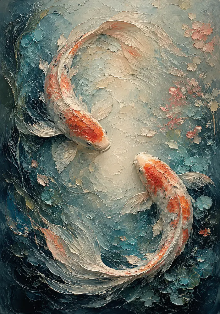 Twin Koi Fish Sea Life Wall Art Canvas Print