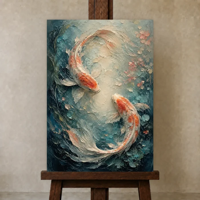 Twin Koi Fish Sea Life Wall Art Canvas Print displayed on a studio easel