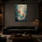 Twin Koi Fish Sea Life Wall Art Canvas Print shown in a warm modern interior