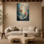 Twin Koi Fish Sea Life Wall Art Canvas Print presented in a sophisticated home setting