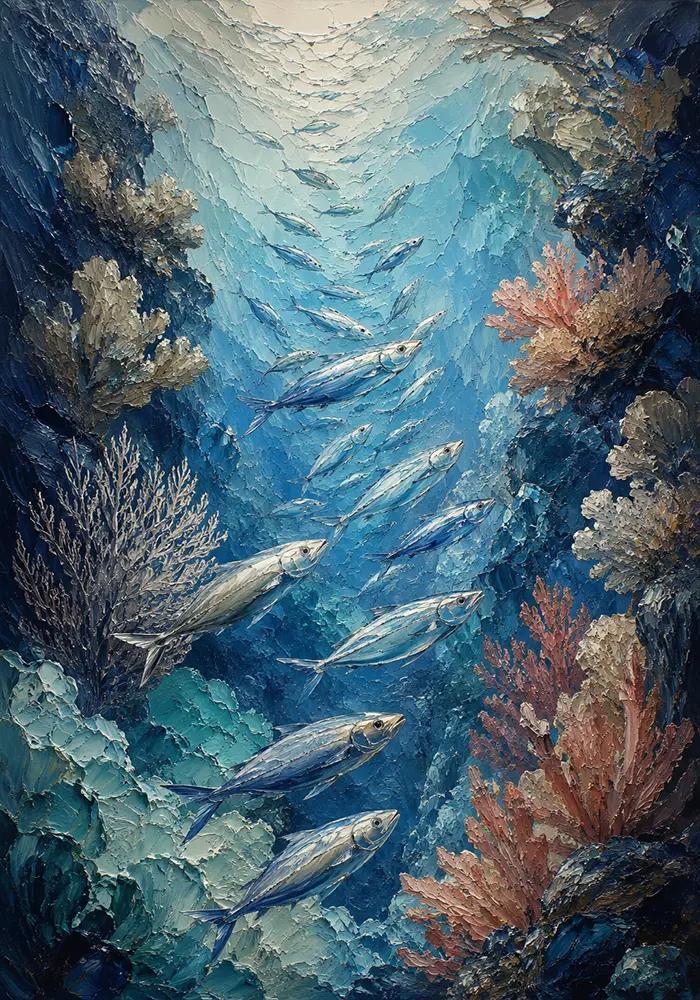Silver School Fish Sea Life Wall Art Canvas Print