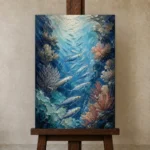 Silver School Fish Sea Life Wall Art Canvas Print displayed on a studio easel