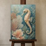Coastal Seahorse Sea Life Wall Art Canvas Print displayed on a studio easel