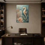 Coastal Seahorse Sea Life Wall Art Canvas Print displayed in a contemporary gallery-inspired room