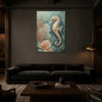 Coastal Seahorse Sea Life Wall Art Canvas Print shown in a warm modern interior