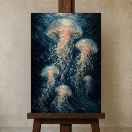 Luminous Jellyfish Sea Life Wall Art Canvas Print shown in Studio Easel