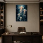 Luminous Jellyfish Sea Life Wall Art Canvas Print displayed in a contemporary gallery-inspired room