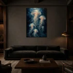 Luminous Jellyfish Sea Life Wall Art Canvas Print shown in a warm modern interior