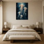 Luminous Jellyfish Sea Life Wall Art Canvas Print showcased in an elegant minimalist interior