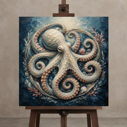 Ivory Octopus Sea Life Wall Art Canvas Print displayed on a studio easel