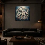 Ivory Octopus Sea Life Wall Art Canvas Print shown in a warm modern interior