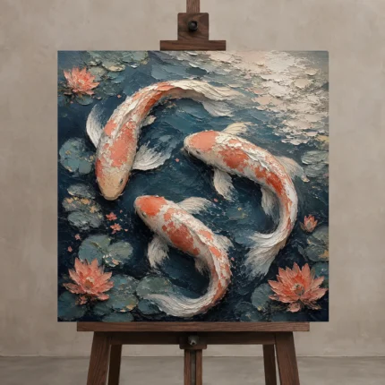 Three Koi Fish Sea Life Wall Art Canvas Print displayed on a studio easel