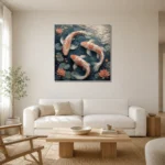 Three Koi Fish Sea Life Wall Art Canvas Print styled in a refined neutral interior
