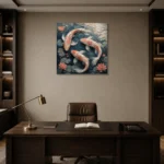 Three Koi Fish Sea Life Wall Art Canvas Print displayed in a contemporary gallery-inspired room