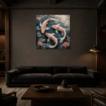 Three Koi Fish Sea Life Wall Art Canvas Print shown in a warm modern interior