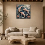 Three Koi Fish Sea Life Wall Art Canvas Print presented in a sophisticated home setting