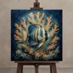 Tropical Reef Fish Sea Life Wall Art Canvas Print displayed on a studio easel