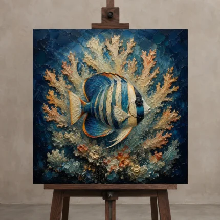 Tropical Reef Fish Sea Life Wall Art Canvas Print displayed on a studio easel