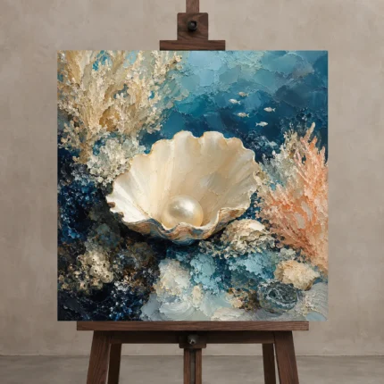 Pearl Shell Sea Life Wall Art Canvas Print displayed on a studio easel