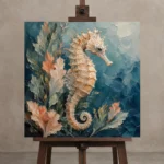 Coral Garden Seahorse Sea Life Wall Art Canvas Print displayed on a studio easel